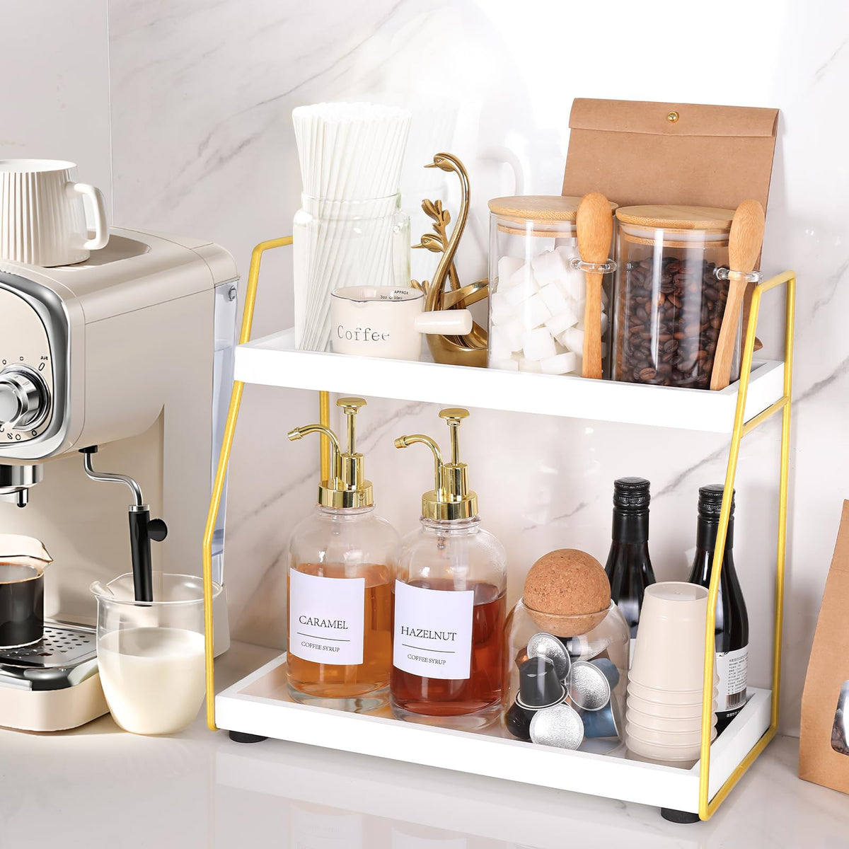 DWTS 2 Tier Wood/Gold Metal Coffee Station Organizer,Coffee Bar Accessories