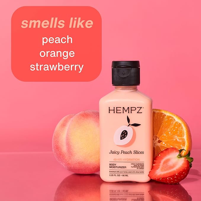 Hempz Mini Juicy Peach Lotion, Natural Hemp Seed Oil Ultra Hydrating Body Moisturizer with Shea Butter, Peach Extract, and Aloe Vera Extract, Travel Friendly, 2.25 fl.oz.