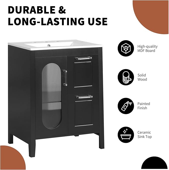 Harper & Bright Designs 24" Bathroom Vanity with Sink, Free Standing Single Basin Vanity Set with Two Drawers and Glass Door, Modern Wooden Bathroom Cabinet with Ceramic Basin for Bathroom, Black