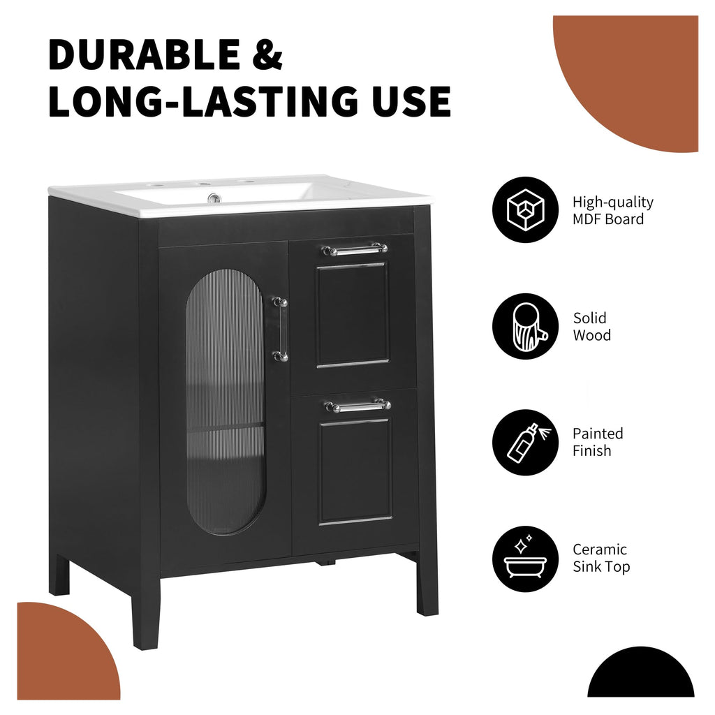Harper & Bright Designs 24" Bathroom Vanity with Sink, Free Standing Single Basin Vanity Set with Two Drawers and Glass Door, Modern Wooden Bathroom Cabinet with Ceramic Basin for Bathroom, Black
