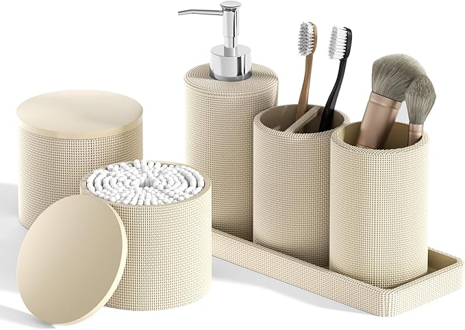 InnJoey 6-Piece Beige Bathroom Set - Mesh Textured Resin Bathroom Accessories Set with Soap Dispenser, Toothbrush Holder, Cup, Vanity Tray & Apothecary Jars for Small Spaces