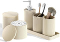 InnJoey 6-Piece Beige Bathroom Set - Mesh Textured Resin Bathroom Accessories Set with Soap Dispenser, Toothbrush Holder, Cup, Vanity Tray & Apothecary Jars for Small Spaces