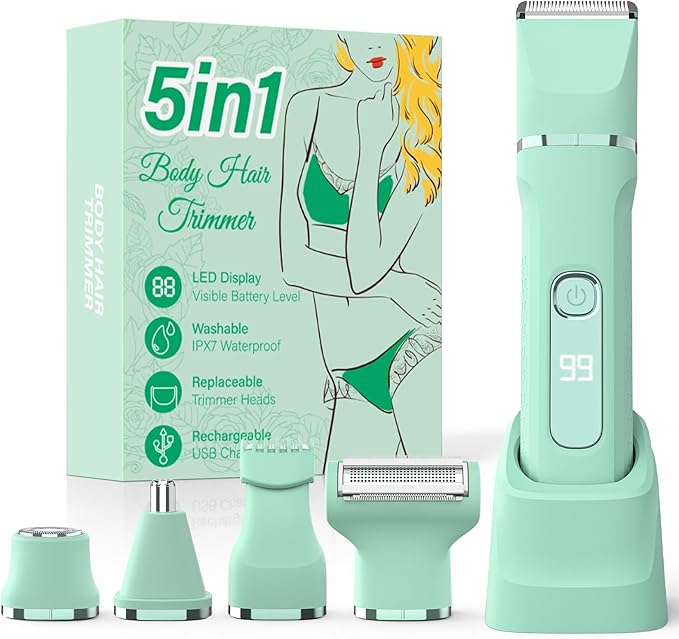 Bikini Trimmer for Women,5-in-1 Electric Razors for Women,Electric Shaver for Women's,IPX7 Waterproof Trimmer for Men Legs,with 5 Replaceable Blade Heads,USB Recharge Dock（Green）