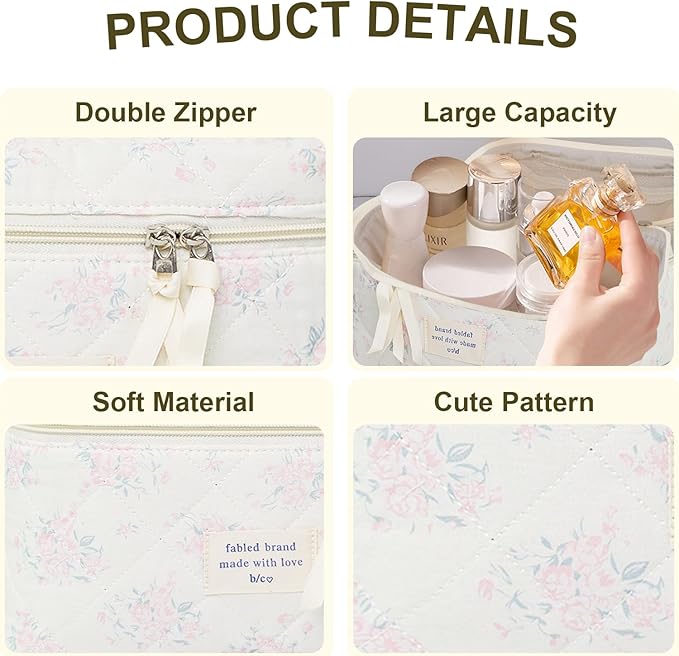 GISMTR 3Pcs Cotton Quilted Makeup Bag Large Travel Cosmetic Bag Coquette Makeup Pouch Cute Aesthetic Floral Toiletry Bag for Women Girls (flower-S)