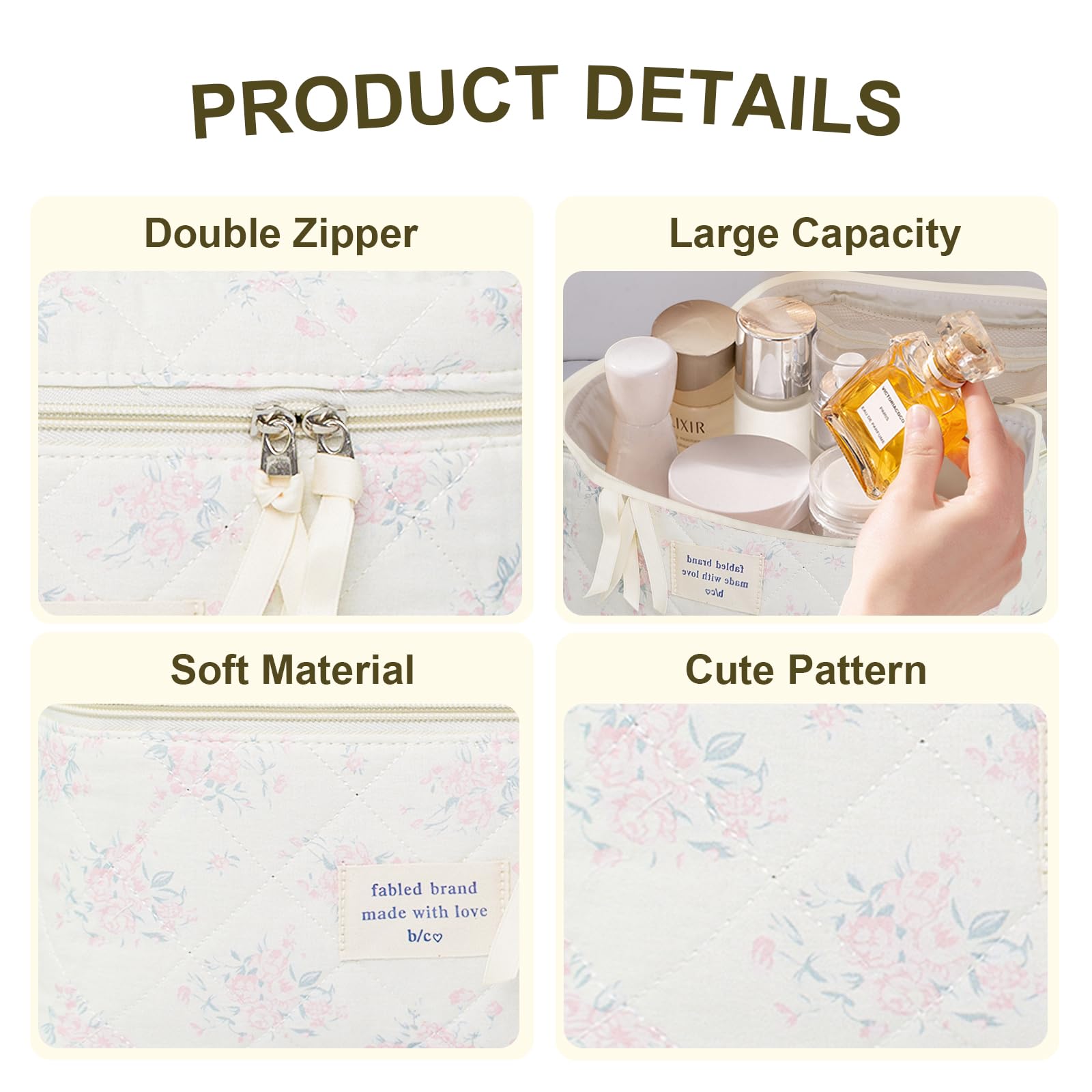 GISMTR 3Pcs Cotton Quilted Makeup Bag Large Travel Cosmetic Bag Coquette Makeup Pouch Cute Aesthetic Floral Toiletry Bag for Women Girls (flower-S)