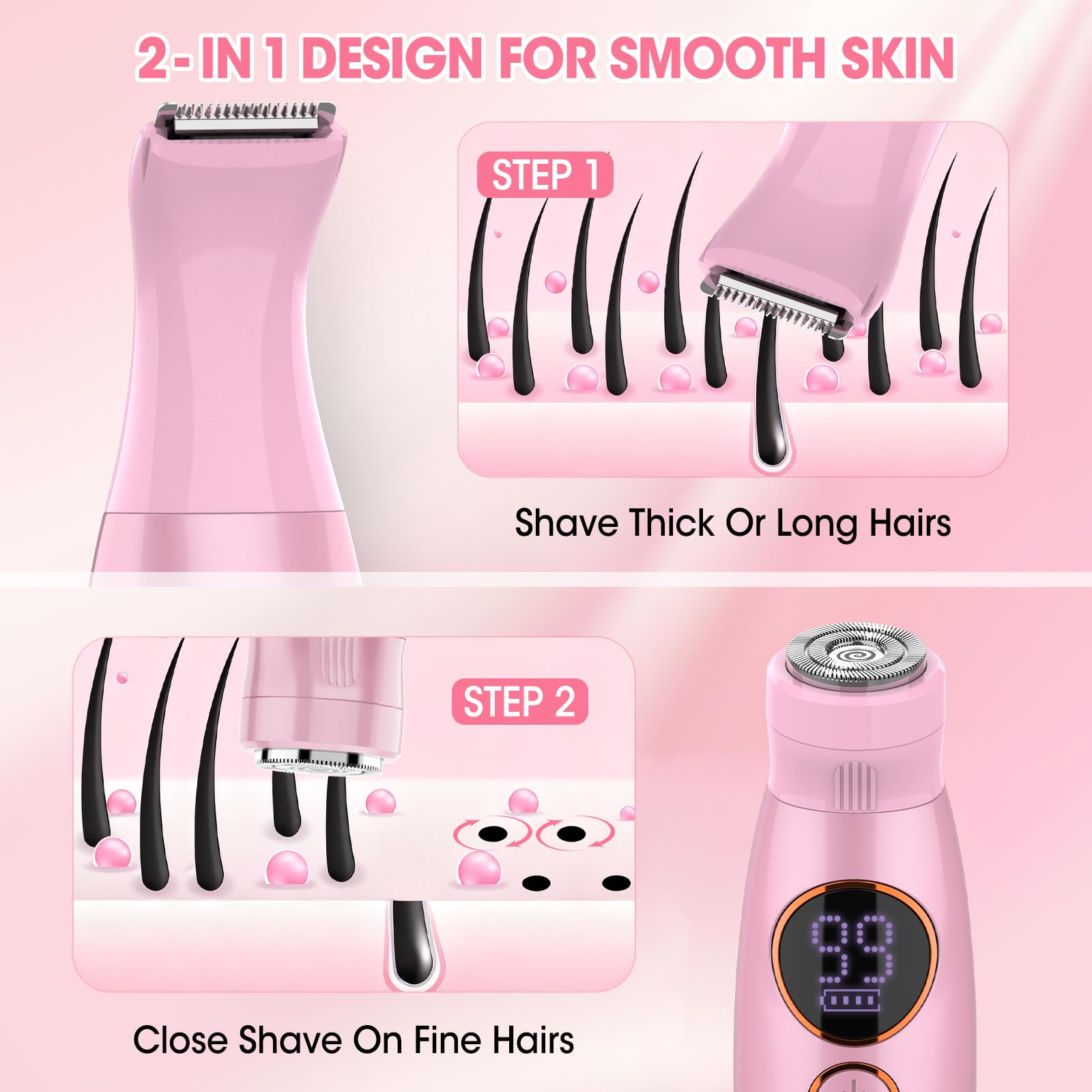 5 in 1 Bikini Trimmer for Women,IPX7 Waterproof Cordless Replaceable Pubic,Eyebrow,Facial Electric Razors&Nose Hair Trimmer&Painless Body Shaver for Arms Legs Underarms,USB Charge,LED Display,Wet&Dry