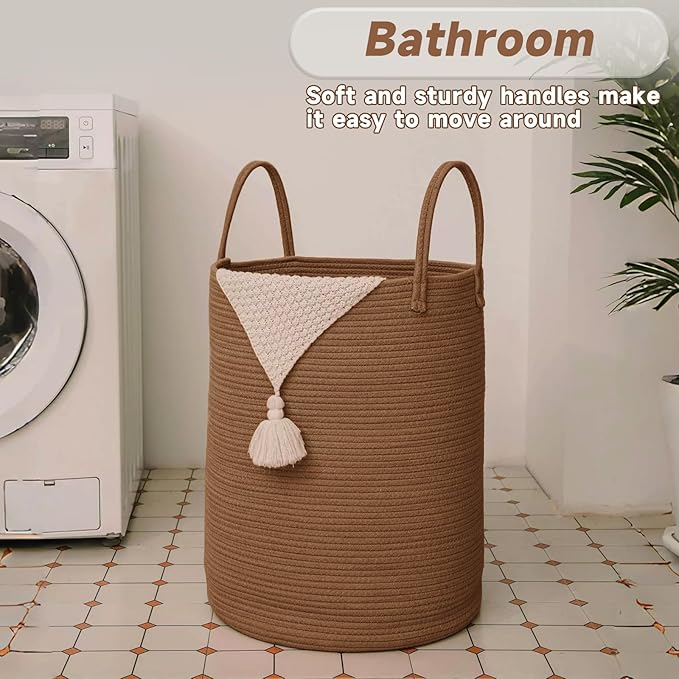 JMvicyroam Large Woven Laundry Basket Hamper,80L Cotton Rope Storage Bin for Blankets,Toys and Clothes,Decorative Tall Nursery Hamper for Living Room,Baby Nursery,Bathroom and Bedroom,Golden Jute