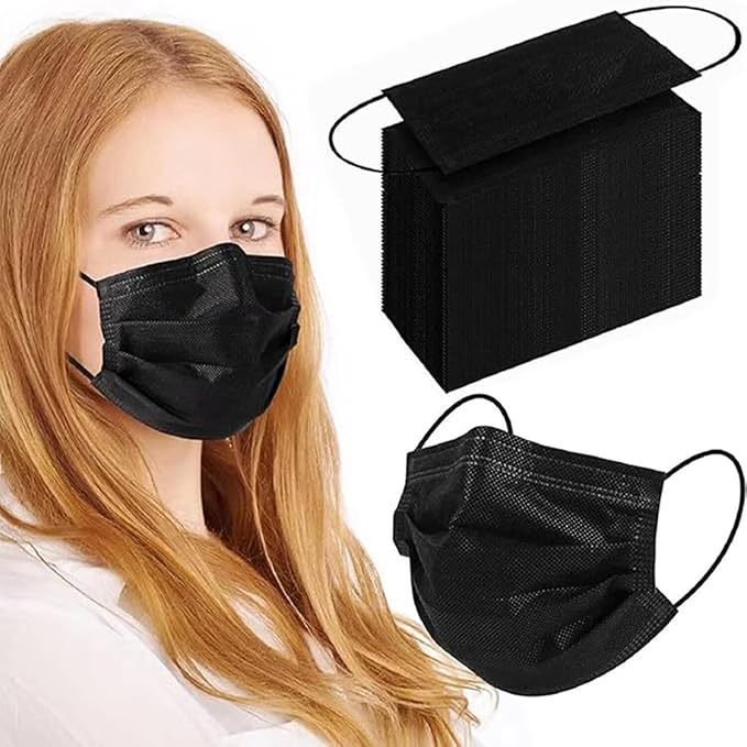 SDIW 100Pcs Black Disposable Face Mask, 3 Ply Black Face Masks with Soft Elastic Ear loops
