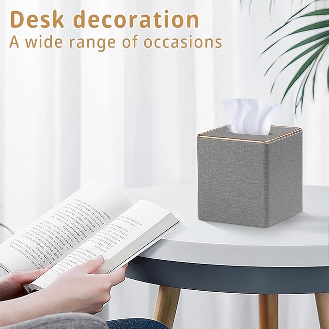 Leather Tissue Box Cover Square,Decorative Cube Tissue Box Holder with Magnetic Bottom,Facial Paper Organizer Table Napkin Case Dispenser for Bathroom NightStand Coffee Car Home Office,Grey