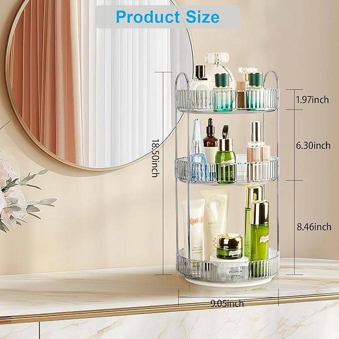 Niluks 360 Rotating Makeup Organizer, 3 Tier Large Capacity Lazy Susan Bathroom Counter Organizer, Skincare Organizers, Spinning Perfume Organizer & Vanity Organizer Countertop (Silver Clear, 3 Tier)