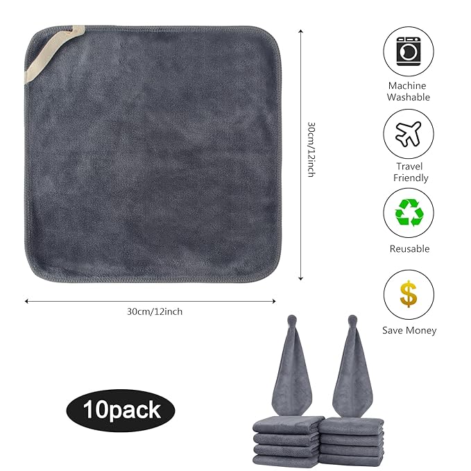 Microfiber Facial Cloths Fast Drying Washcloth 12inch x 12inch Grey 10 pack