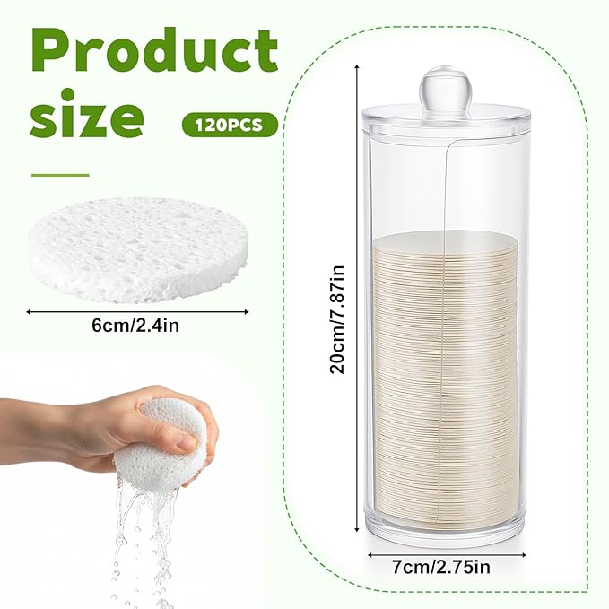 Oqqlin 120 Pcs Compressed Facial Sponges with Container, Disposable Round Face Sponge Pads Portable Makeup Removal Wash Sponges for Women Cleansing Makeup Spa (White)