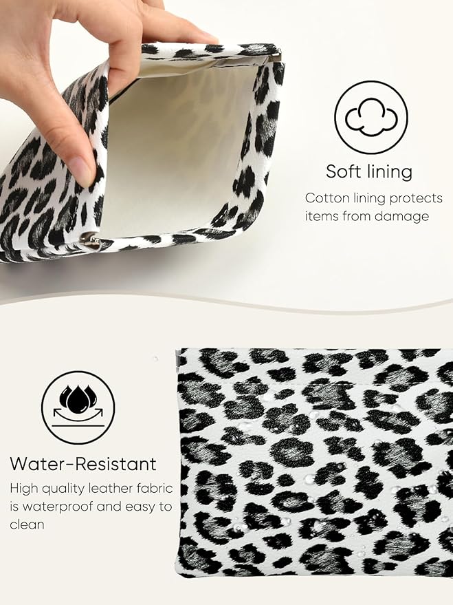 Ksriylm Leopard Leather Small Makeup Pouch for Women,Cosmetic Accessories,Waterproof and Portable Cosmetic Bag,Self-closing, No Zipper, Aesthetic Storage Pouch,Lipstick for Purse,White Black