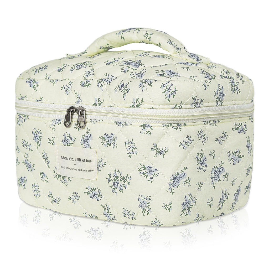 Gosect Large Travel Quilted Makeup Bag for Women,Big Floral Cotton Cosmetic Bag, Cute Coquette Aesthetic Floral Toiletry Organizer Bag (Blue Flower)