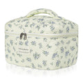 Gosect Large Travel Quilted Makeup Bag for Women,Big Floral Cotton Cosmetic Bag, Cute Coquette Aesthetic Floral Toiletry Organizer Bag (Blue Flower)