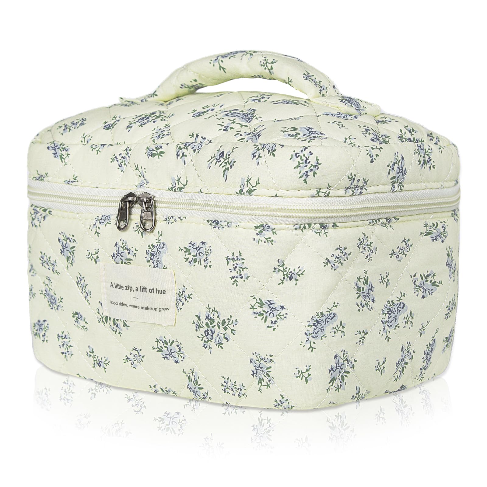 Gosect Large Travel Quilted Makeup Bag for Women,Big Floral Cotton Cosmetic Bag, Cute Coquette Aesthetic Floral Toiletry Organizer Bag (Blue Flower)