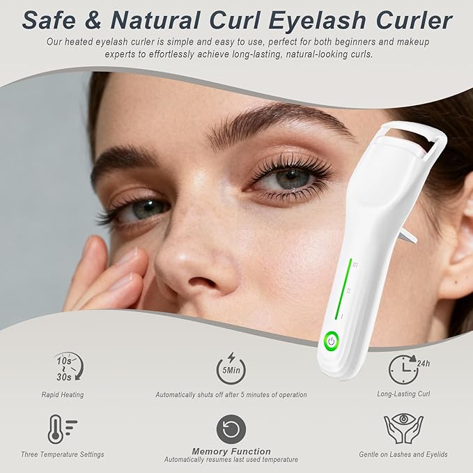 Heated Eyelash Curler for Women, Type-C Rechargeable with 3 Temp Settings & Silicone Pad for Natural C Curl, Travel-Friendly Heated Lash Curler (White)