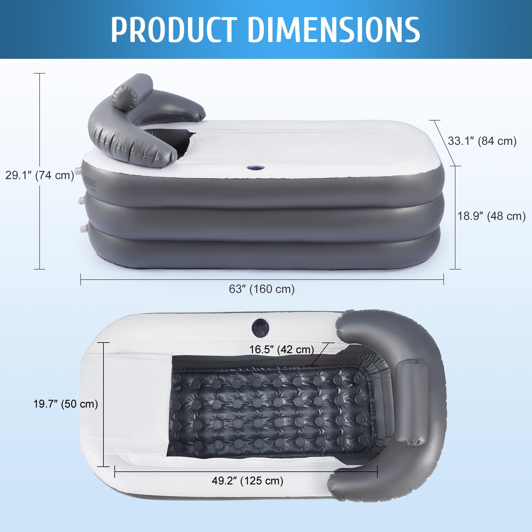 CO-Z Inflatable Bathtub With Electric Air Pump, Portable Tub With Blow Up Bath Pillow Cover, Drainage Cup Holder, Foldable Outdoor Freestanding Tub for Adults, Gray
