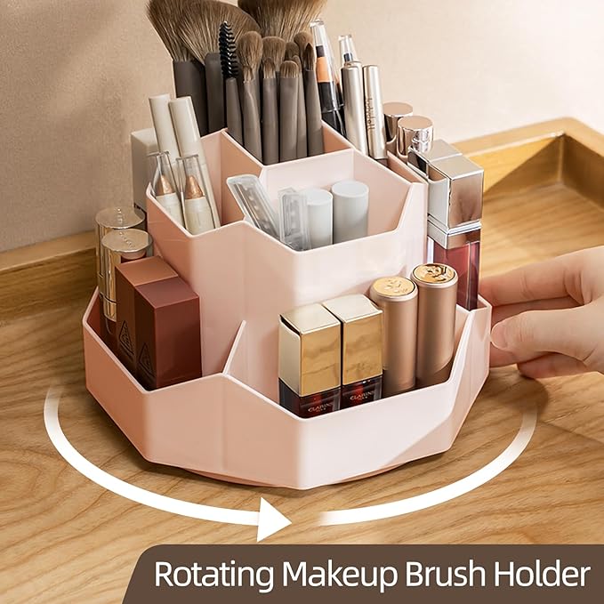 TNDCKP 360° Rotating Pink Makeup Brush Holder Organizer with 9 Slots, Makeup Organizers Countertop, Makeup organization and Skincare Storage for Vanity, Desktop, Bathroom (PINK)