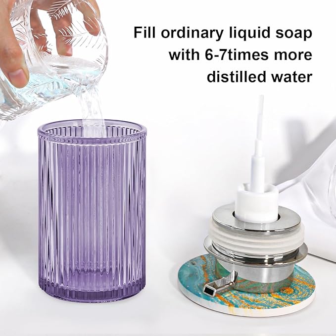 Tonxus Foaming Soap Dispenser, 12 Oz Purple Glass Foam Hand Soap Dispenser, Refillable Glass Foam Pump Bottle Container Decorative Slim Ribbed Bottle for Bathroom and Kitchen