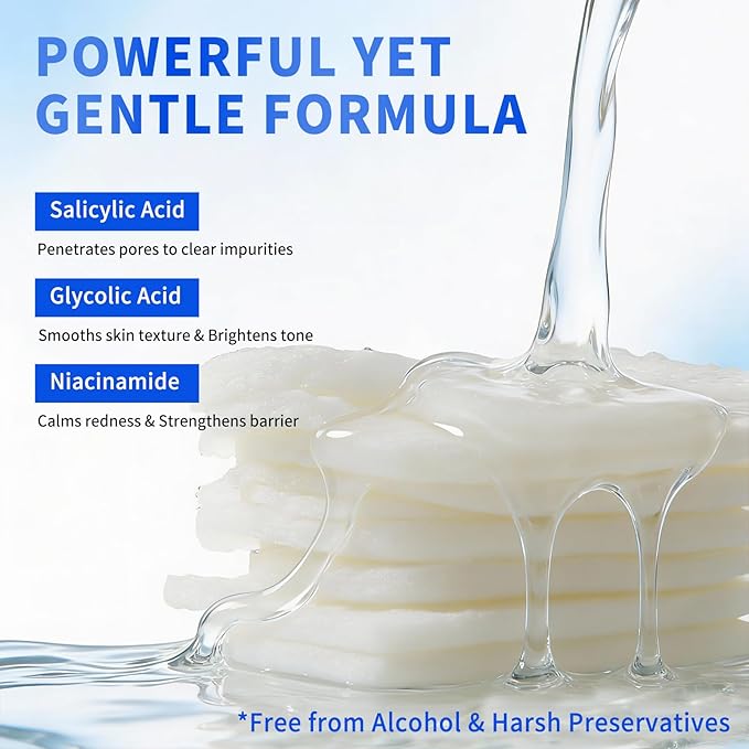 BHA Salicylic Acid Toner Pads with Pore Care - Dual-Textured Facial Exfoliation Toner Pads with Glycolic Acid, Niacinamide Daily Face Skincare - 70 Pads + 4 Trial Pads
