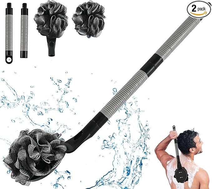 BTideas Loofah with Handle, 21.7” Detachable Loofah Back Scrubber, Back Loofah, Exfoliation and Improved Skin Health, Shower Loofah for Shower for Men Women（Black）