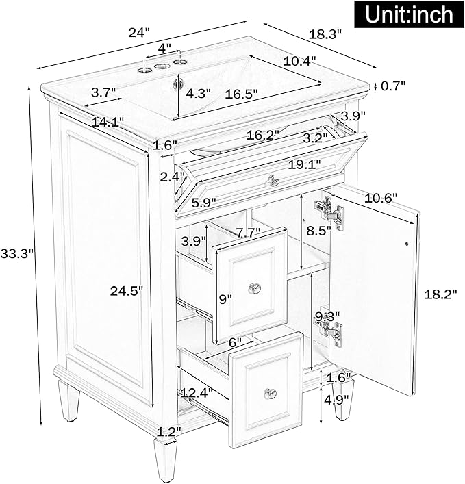Harper & Bright Designs 24" Bathroom Vanity with Sink, Free Standing Single Basin Vanity Set with Tip-Out Drawer, 2 Drawers, and One Door, Storage Cabinet with Ceramic Basin for Bathroom, Blue Grey