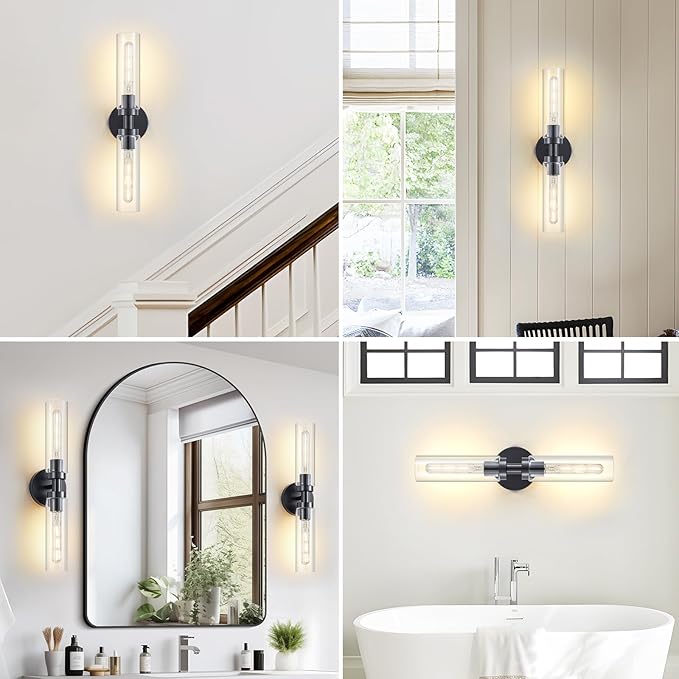 2-Light Black Bathroom Light Fixtures Over Mirror Modern Farmhouse Vanity Light Wall Lighting with Clear Glass Shade for Bathroom, Bedroom, Hallway, Cabinet