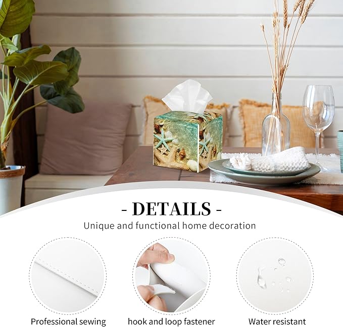 Starfish Seashell on Summer Beach Tissue Box Cover Square, Starfish Seashell Tissue Box Holder Waterproof Leather Facial Paper Organizer Dispenser for Bathroom Home Car Nightstand Vanity Desk