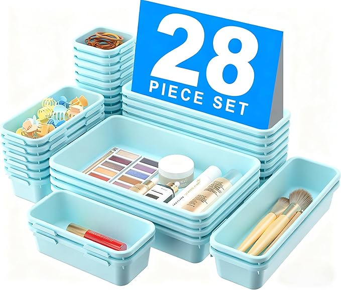 【Military Grade】A-LuGei Drawer Organizer,【𝟱𝗦𝗶𝘇𝗲】Makeup organizer,【Holds 177 Items】Bathroom Organizers and Storage,Organization and Storage,Desk Drawer Organizer for Vanity【Blue】