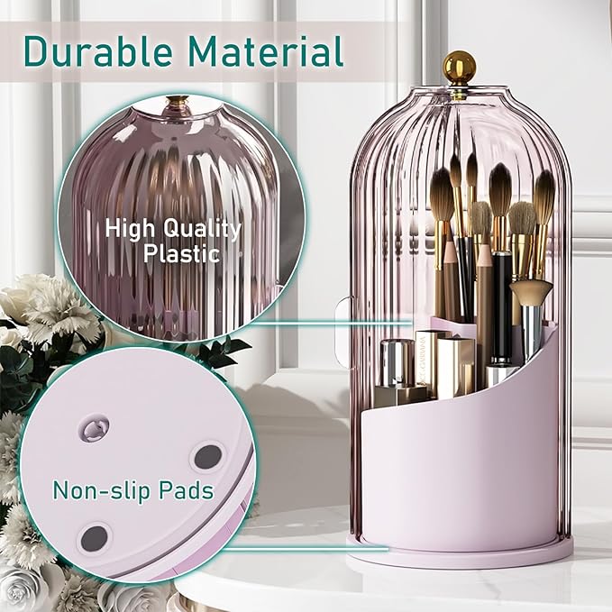 GAXmi Makeup Brush Holder with Lid Rotating Cosmetic Organizer, Pink-Purple
