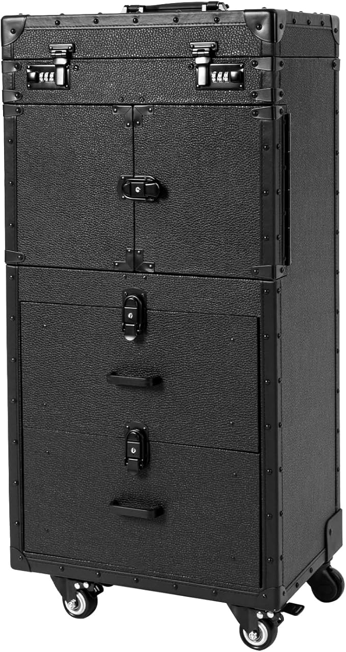 RocoReny Beauty Salon Luggage With Metal Universal Wheel, Makeup Rolling Train Case, 32 In-Retro Travel Organizer Tool Box with Combination Locks for Stylist, Beauty, Makeup Artist (Black)