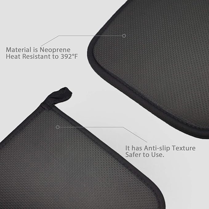 YEKOO 2Pcs Cotton and Neoprene Oven Pads Pot Holders with Pocket 8"x8.5" Dual-Function Hot Pad Set for Finger Hand Wrist Protection Heat Resistant to 428°F,Black