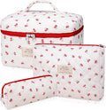 Gosect 3pc Makeup Bag Set, Quilted Makeup Bag Set, Large Floral Cosmetic Bag for Women, Cute Cotton Makeup Bags, Flower Travel Toiletry Organizer Bag (Pink Cherry Flowers)