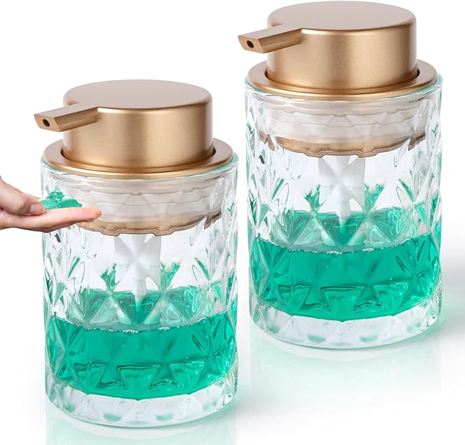Bathroom Glass Soap Dispenser with Durable Rust-Proof Plastic Liquid Pump Hand Lotion Dispenser Antislip Shampoo Kitchen 10oz 2 Pack