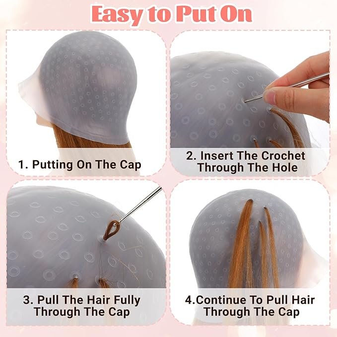 Sibba Hair Highlighting Cap with Punch Holes, Reusable Silicone Hair Coloring Highlight Cap Professional Dye Caps Set with Hook Needle Dual Combs for Home Salon Coloring Frosting