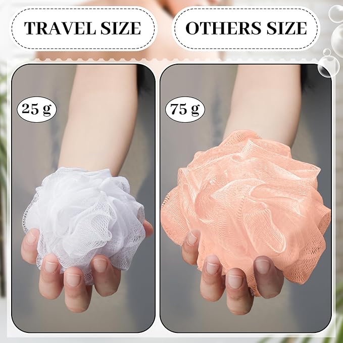 Funnymoom 12 Pcs Travel Size Loofah Individually Wrapped, Small Shower Puff Bath Sponge Pouf Ball Bulk Mesh Bath Puff Mini Loofah Sponge with Case Bulk for Shower Care (25g,Morandi Color)