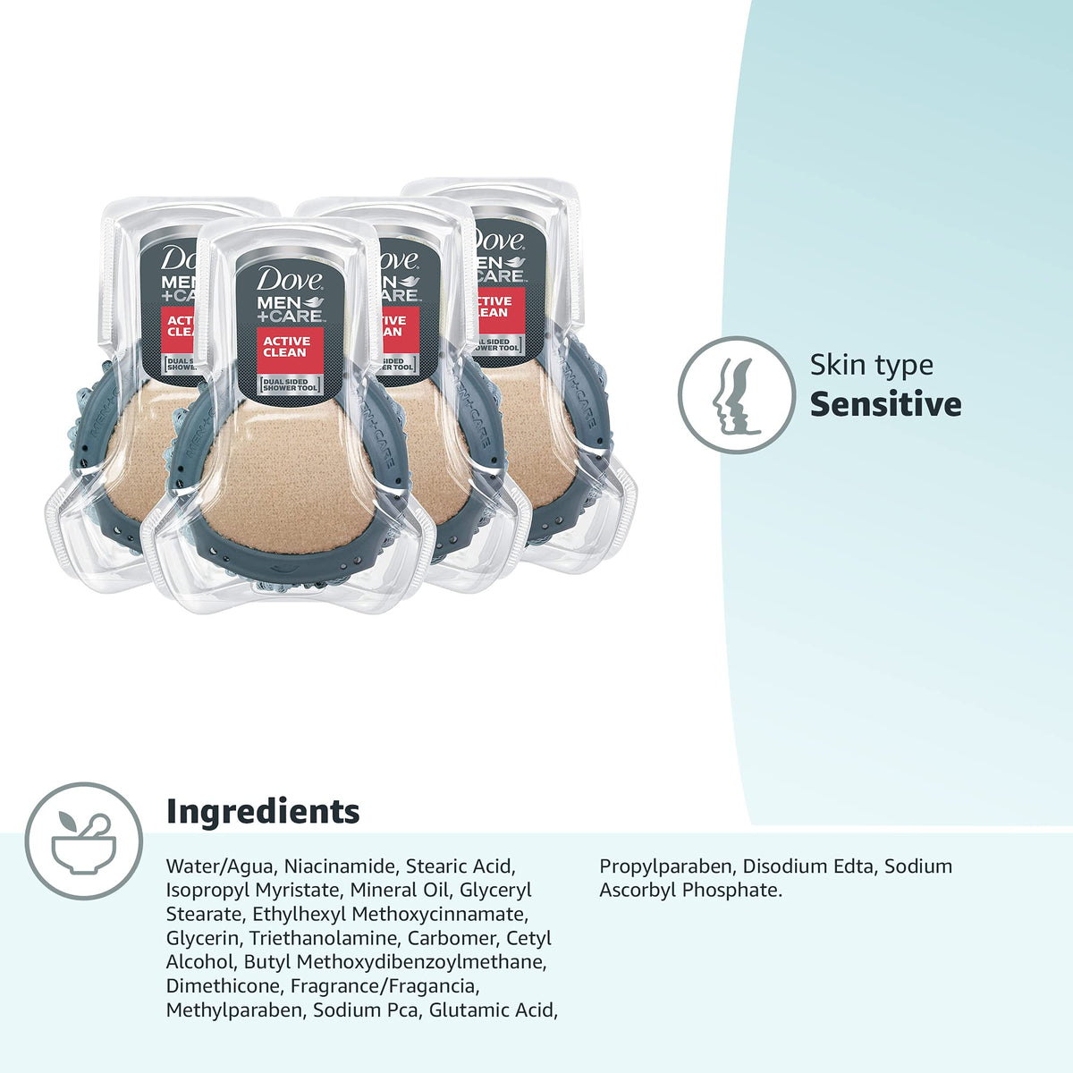 DOVE MEN + CARE Shower Scrub Tool to Exfoliate Skin, Active Clean, 4 Count