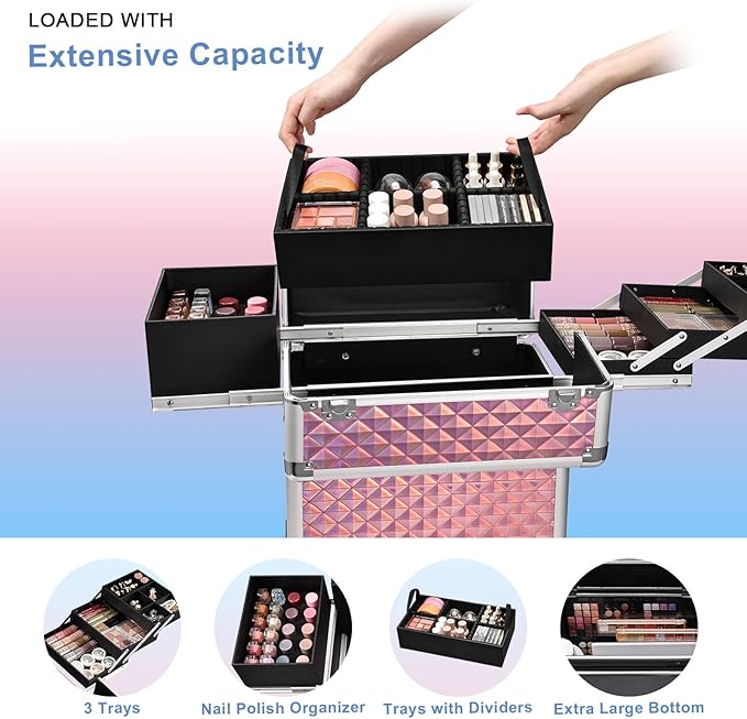 Stagiant Rolling Makeup Train Case Cosmetology Case on Wheels Travel Cosmetic Suitcase Trolley Makeup Luggage Storage Box 4 Tray with Lock Middle Layer Salon Nail Tech Cart Traveling Tattoo Case Pink