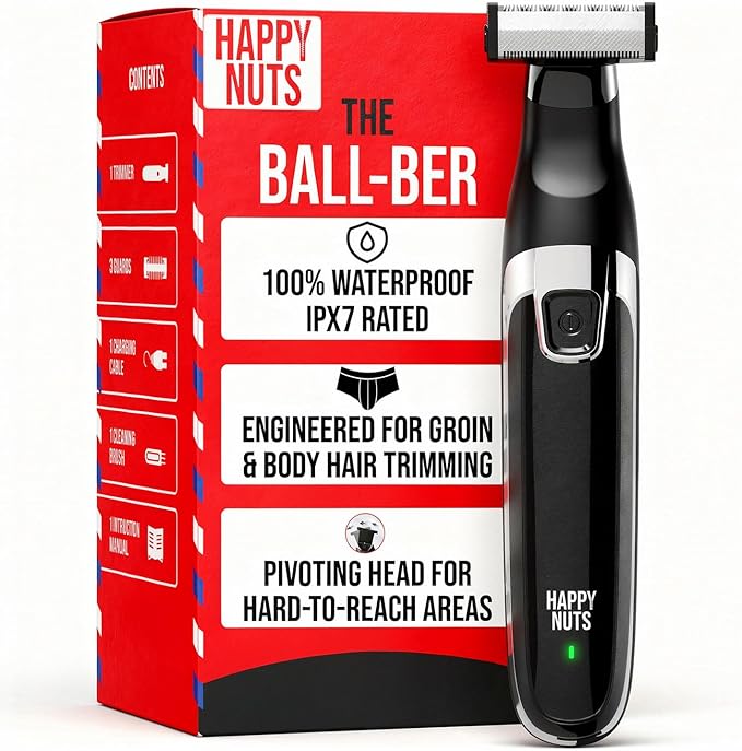 HAPPY NUTS The Ballber Pro Electric Groin & Body Hair Trimmer for Men - Mens Body Groomer Kit for Privates - Waterproof Shaver for Hard to Reach Areas (Ballber)