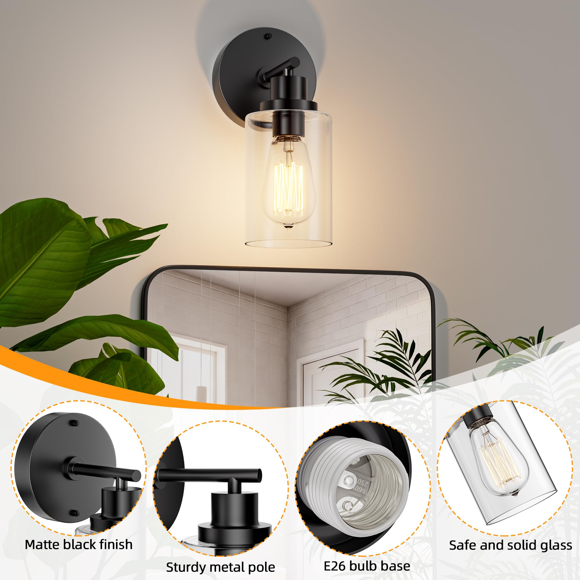 GORDNWE Modern Bathroom Wall Sconce, Matte Black Vanity Wall Light Fixture