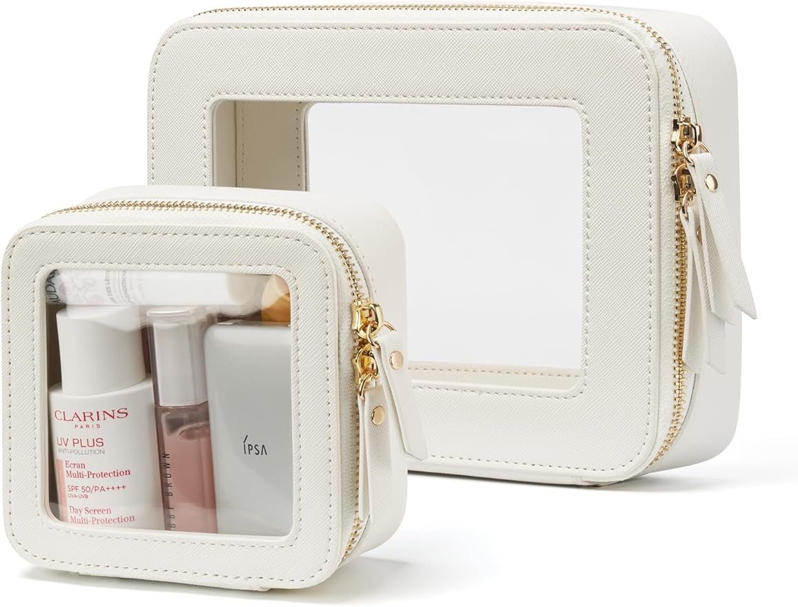 Popvibe Clear Makeup Case Toiletry Bag Travel Clear Cosmetic Bag with Zipper, Make Up Bag Organizer Traveling TSA Approved Transparent Makeup Bag Car for Essentials, Mini & Medium, White