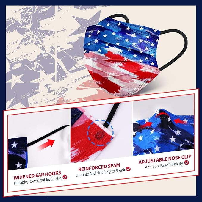 Disposable Face Mask for Adults - USA Flag Designs Masks, 4 Ply Masks Disposable 50 Pack, Colorful Dust Protective Breathable Individually Wrapped FaceMask for Women Men