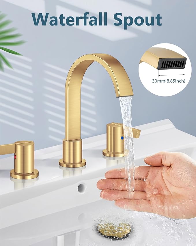 Aolemi Bathroom Faucets 3 Hole,8 Inch Widespread Waterfall Bathroom Sink Faucet,2 Handles Vanity Faucet with Pop-up Drain and Supply Hose,Gold