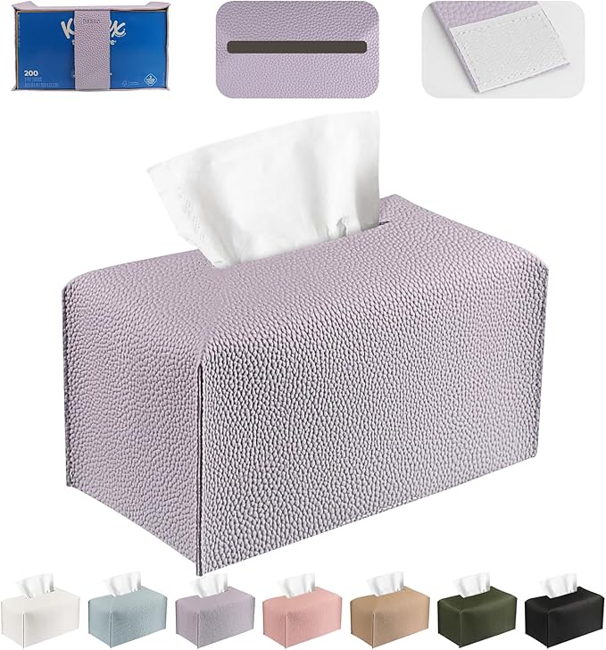 PARIERIS Tissue Box Cover PU Leather Tissue Holder Rectangle Facial Tissue Case Tissue Box Organizer Dispenser for Bathroom, Kitchen, Home, Office, Tabletop (Violet, Short)
