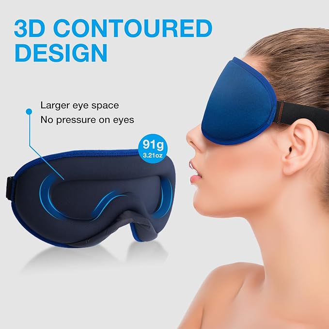 LYSIAN 3D Sleep Mask for Side Sleepers, Blackout Eye Mask with No Pressure on Eyes, Adjustable Comfortable Blindfold with 5 Pairs of Ear Plugs for Sleeping, Travel, Nap, Blue