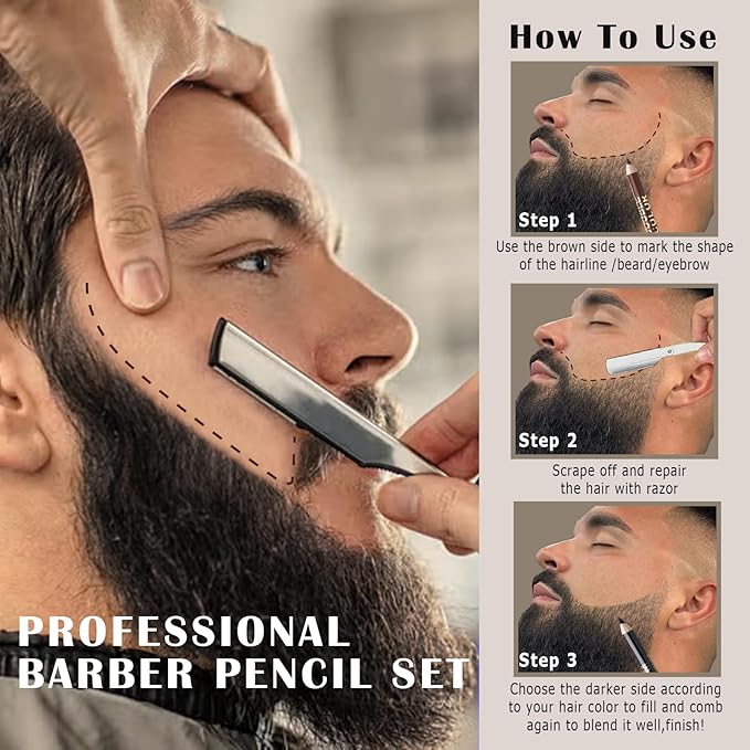 Noerrors 12Pcs Barber Pencil Set Hairline Enhancement Pencils Kit for Lineup Magic Beard Shaping Beard Guide Pen with Sharpener Barber Chalk for Beard Makeup Design for Men Black Tan Brown