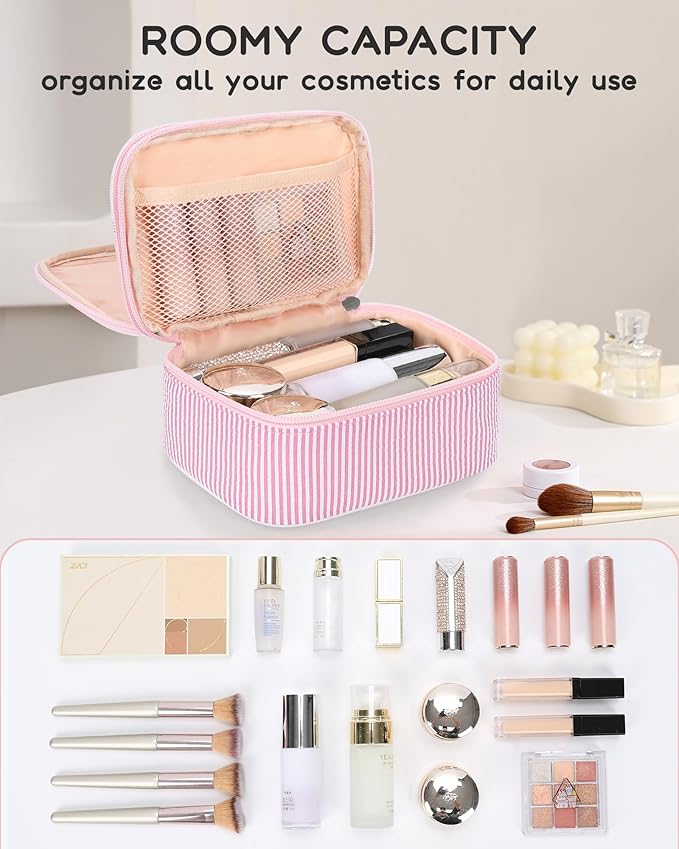 Relavel Travel Makeup Bag, Small Pink Cosmetic Bag with 2 Makeup Brush Holders, Portable Compact Makeup Pouch for Women, Cute Toiletry Bag with Double Layer Organizer, Pink Strip