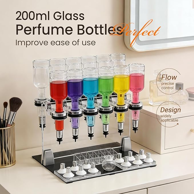 Perfume Dispenser Manual, 12 Bottles Pump Bottle Dispenser, Pump Dispenser Bottle Station Manual Perfume Dispenser Set, Perfume Liquid Filling Machine Transfer Tools for Perfume Store Studio Bar