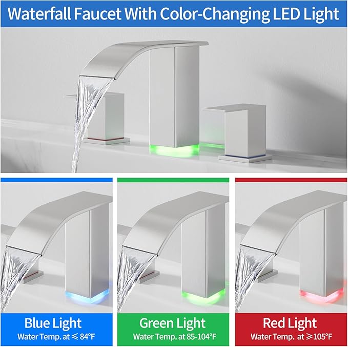 RUMOSE LED Bathroom Faucets Set Brushed Nickel 8 inch Bathroom Sink Faucet 3 Hole with Pop Up Drain Widespread Waterfall Vanity Faucet with 3 Colors Light Changing Stainless Steel Deck Mounted